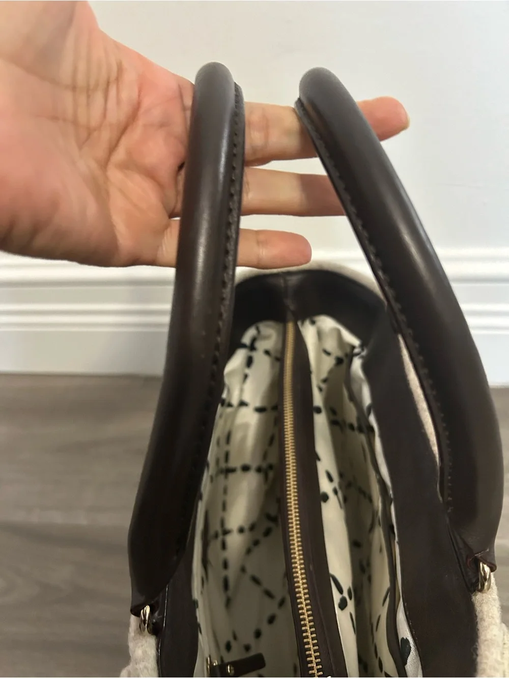 kate spade New York Wool Tote in Light Gray with Dark Brown Trim